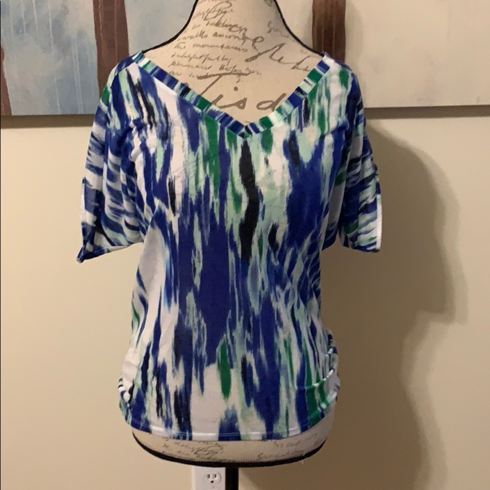 Express Blue White Green Short Sleeve V-Neck Blouse